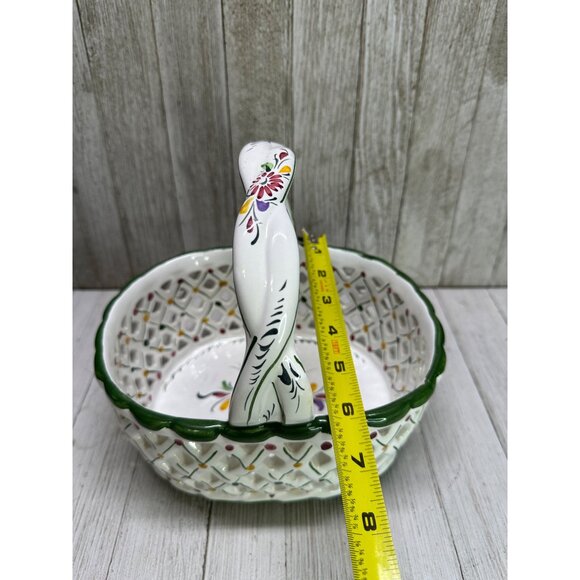 Vtg Holu Painted Lattice Basket Oval Ceramic with Braid Handle Portugal 7" Tall - Picture 9 of 10
